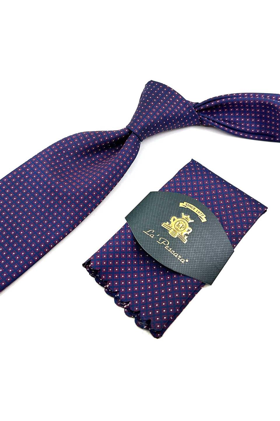Bordo - Lacivert Küçük Desen Mendilli Klasik Kravat KK12383