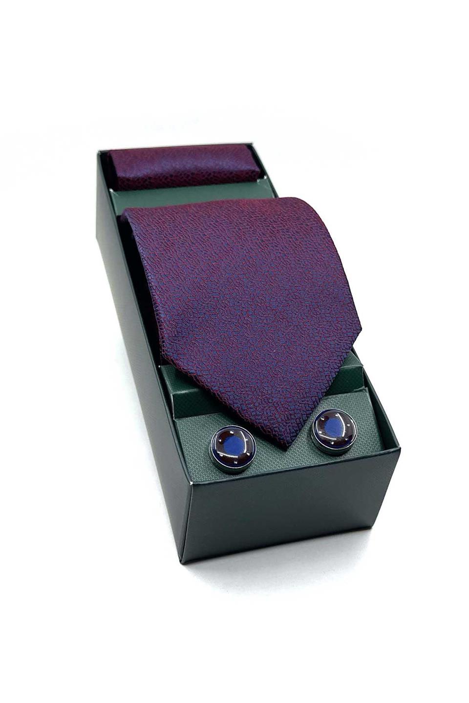 Bordo - Lacivert Mendilli Kravat Bordo Kol Düğmesi Hediye Seti OS567