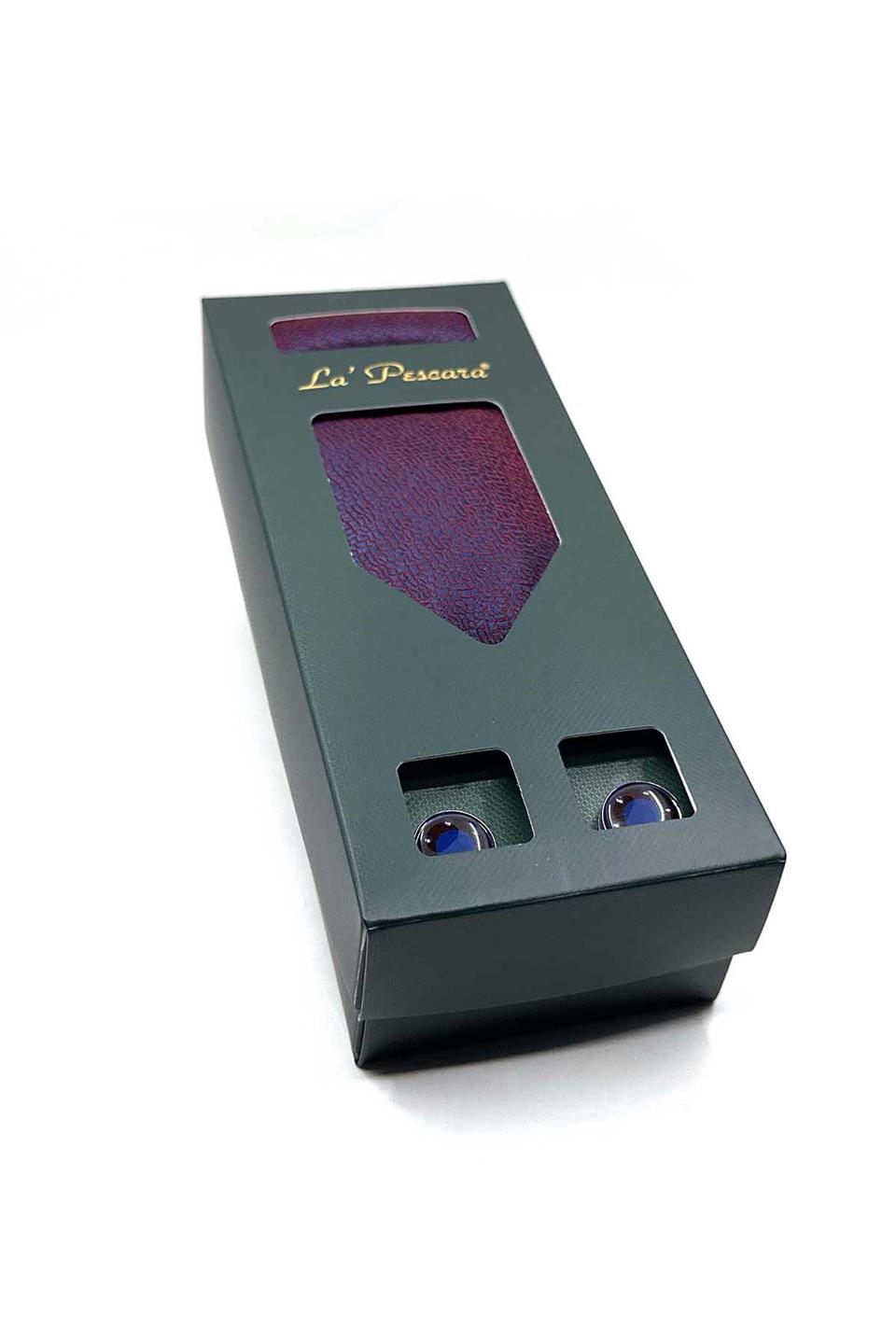 Bordo - Lacivert Mendilli Kravat Bordo Kol Düğmesi Hediye Seti OS567