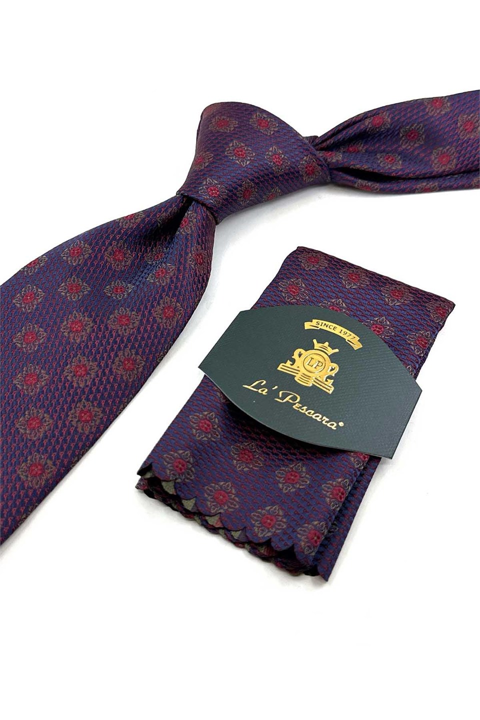 Bordo Lacivert Motif Desen Mendilli Klasik Kravat KK14080