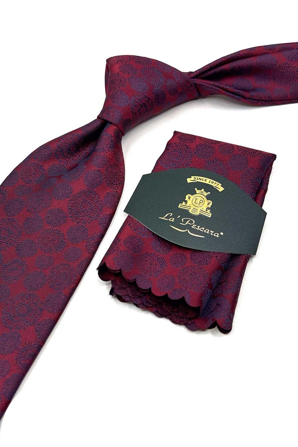 Bordo - Lacivert Motif Desen Mendilli Klasik Kravat KK13690