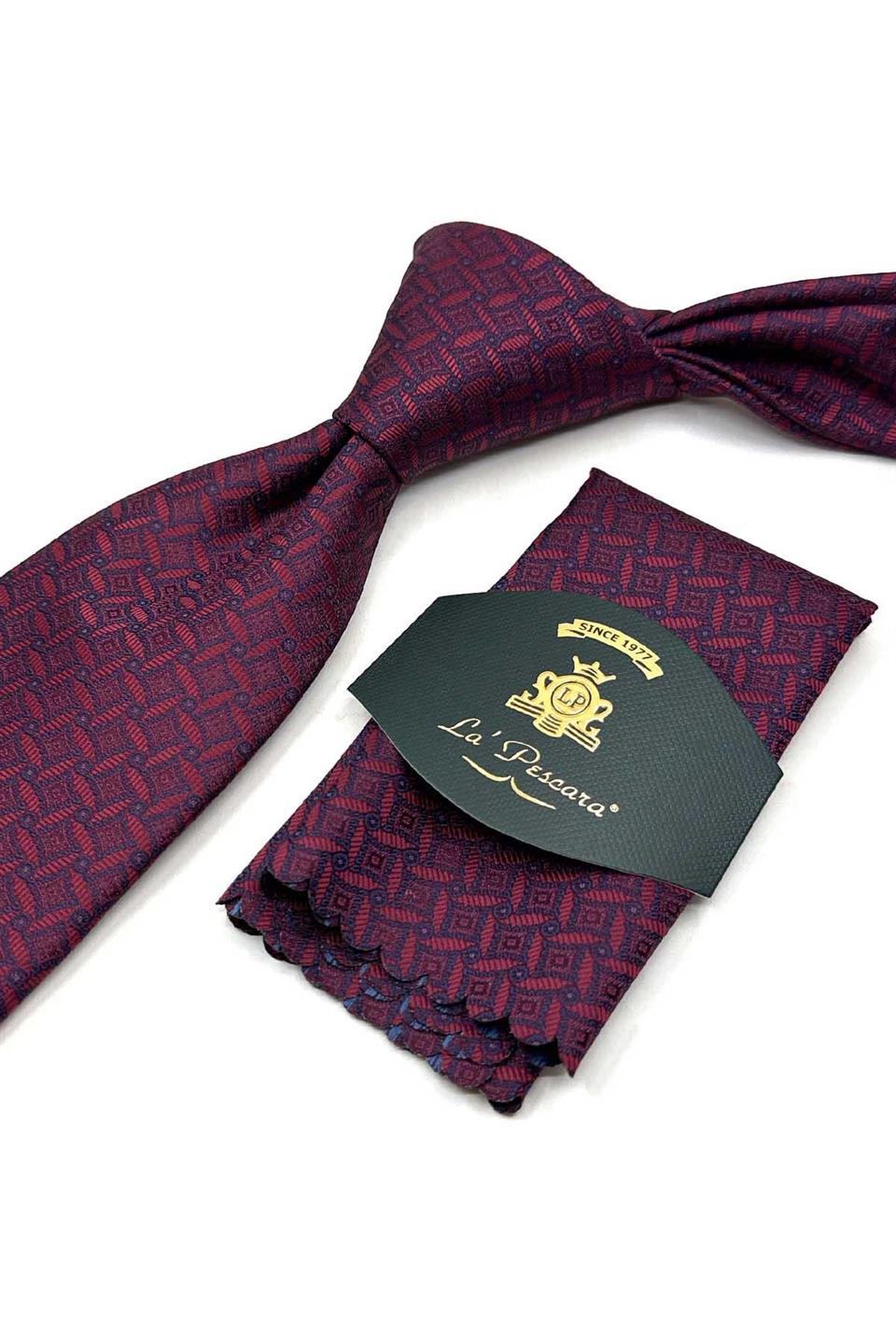 Bordo - Lacivert Motif Desen Mendilli Klasik Kravat KK13467