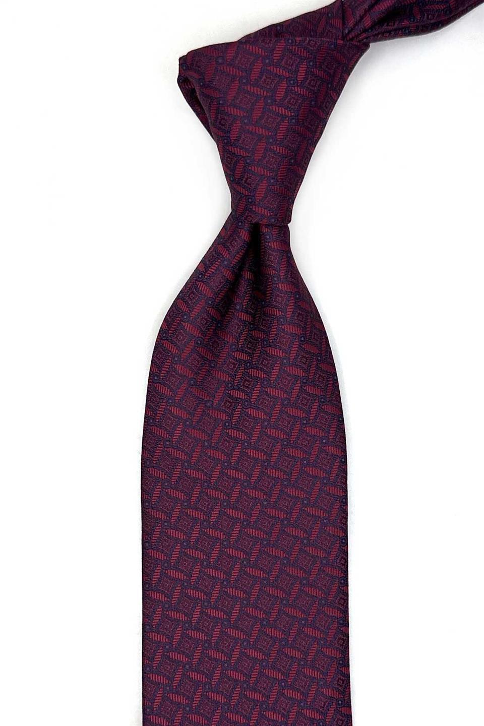 Bordo - Lacivert Motif Desen Mendilli Klasik Kravat KK13467