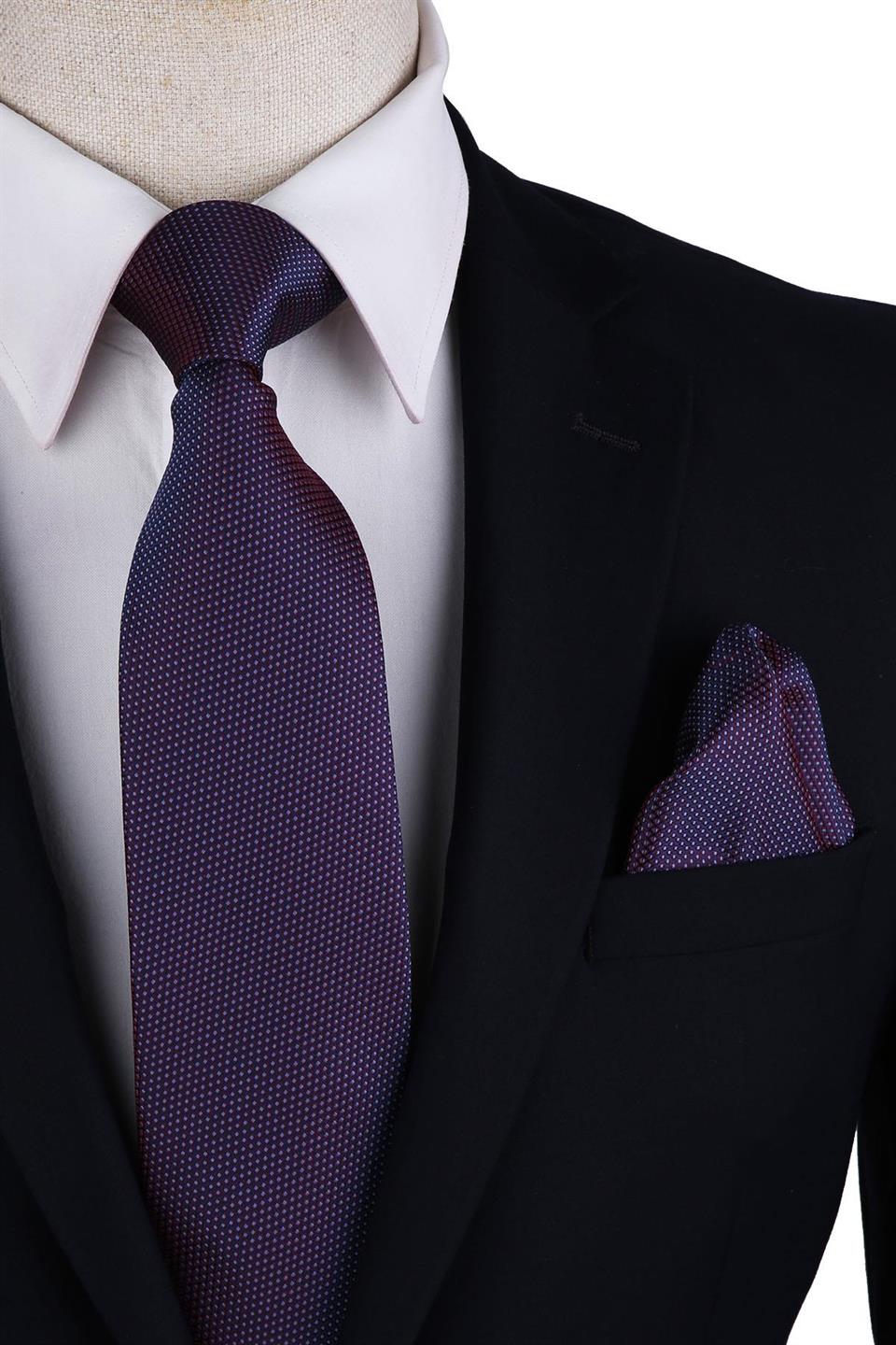 Bordo - Lacivert Nokta Desen Mendilli Klasik Kravat KK10357
