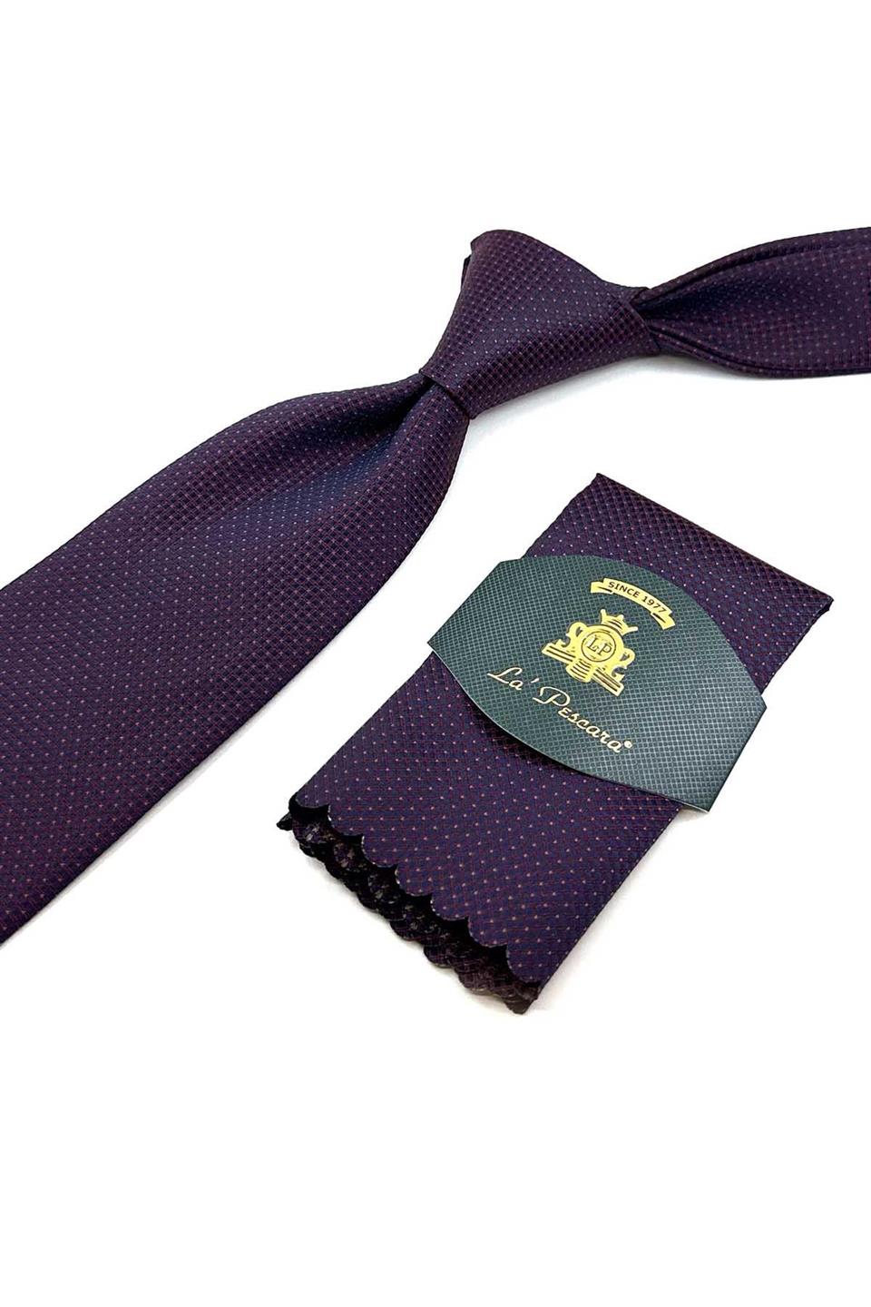 Bordo - Lacivert Nokta Desen Mendilli Klasik Kravat KK12335