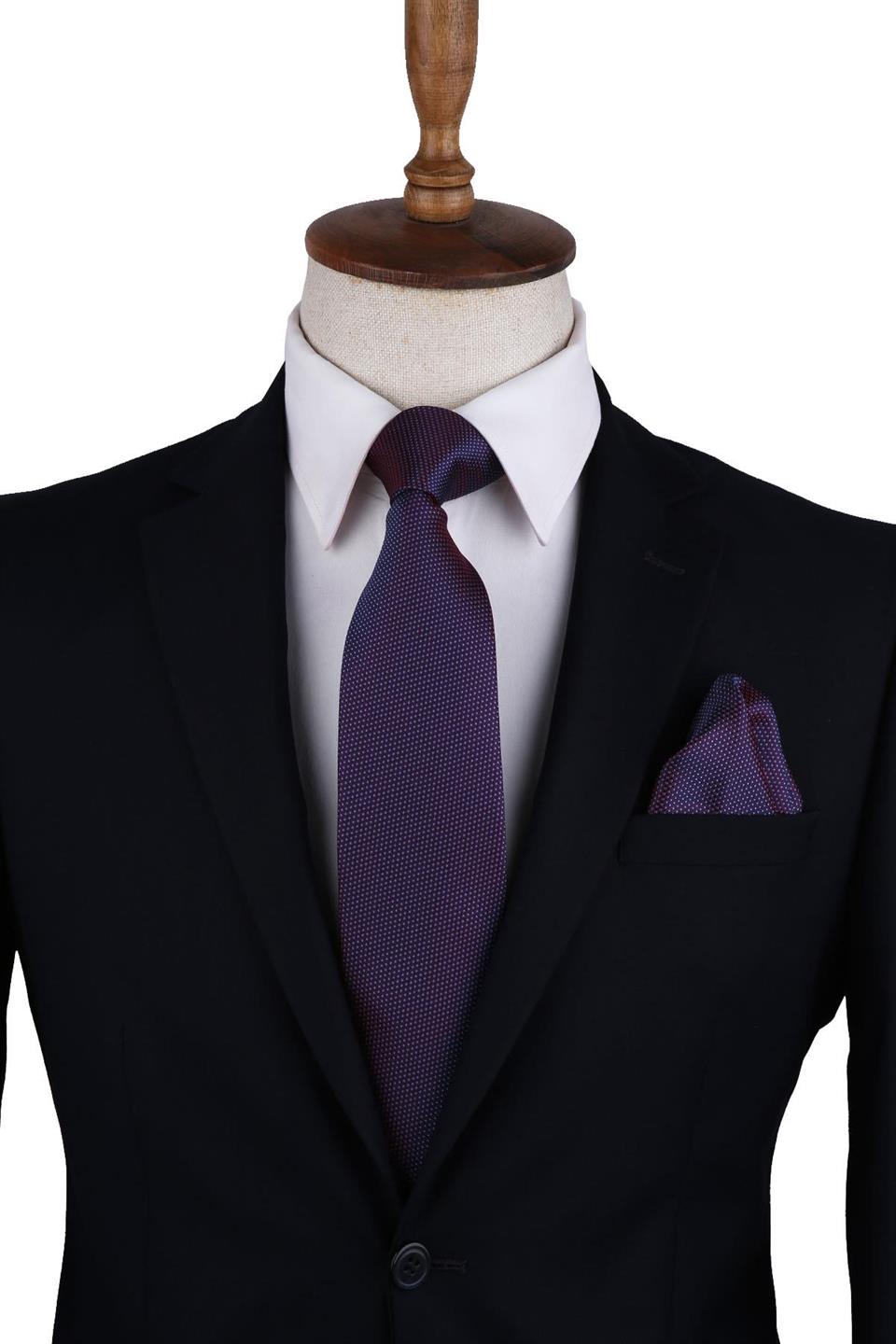 Bordo - Lacivert Nokta Desen Mendilli Klasik Kravat KK10357