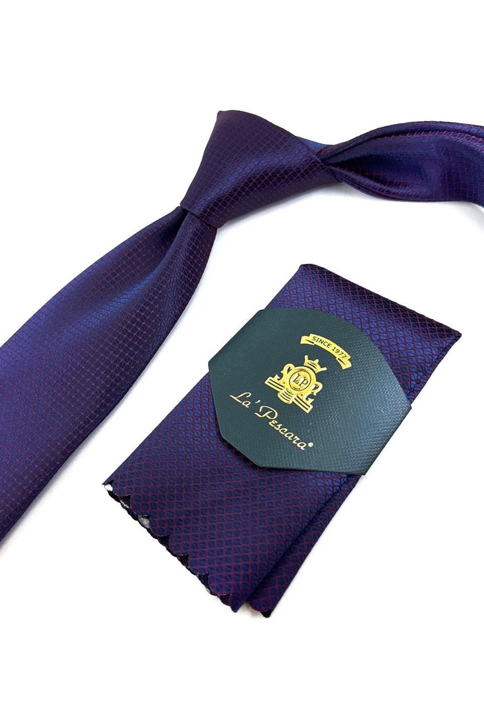 Bordo - Lacivert Nokta Desen Mendilli Klasik Kravat KK11120