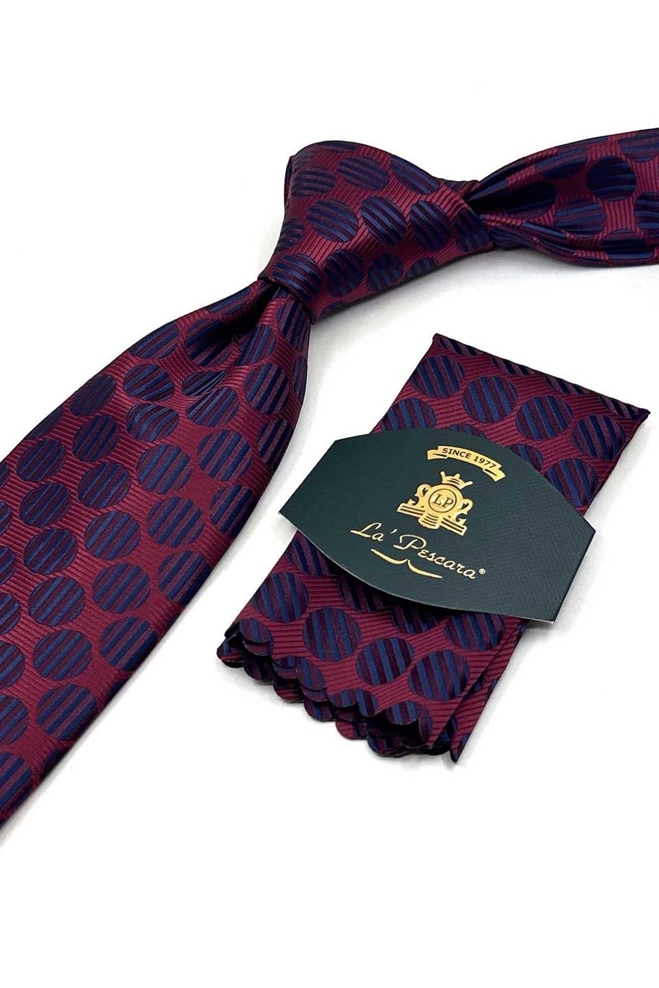 Bordo - Lacivert Puantiye Desen Mendilli Klasik Kravat KK13618