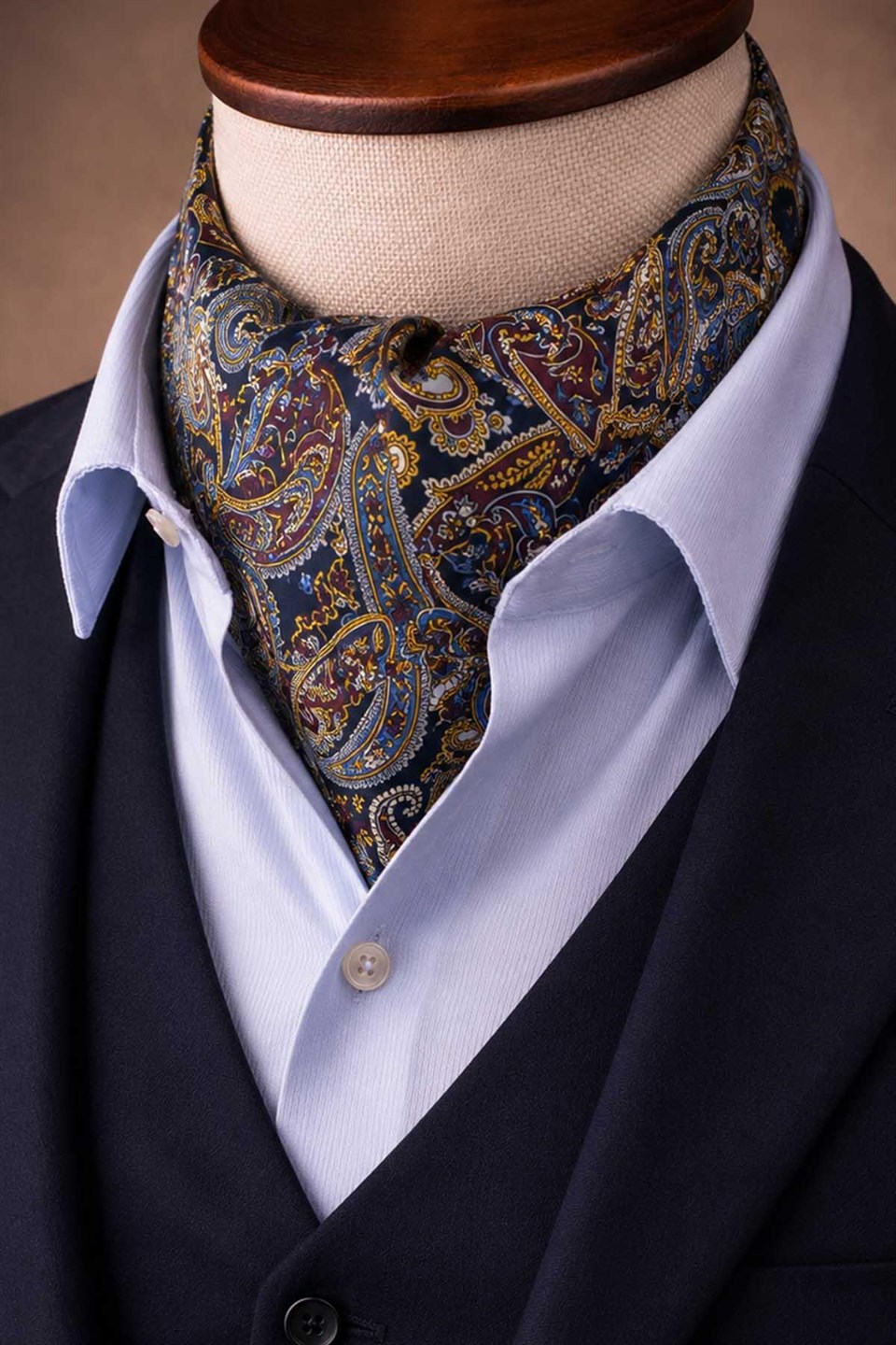 Bordo Lacivert Şal Desen İtalyan İpek Ascot Kravat SAC81