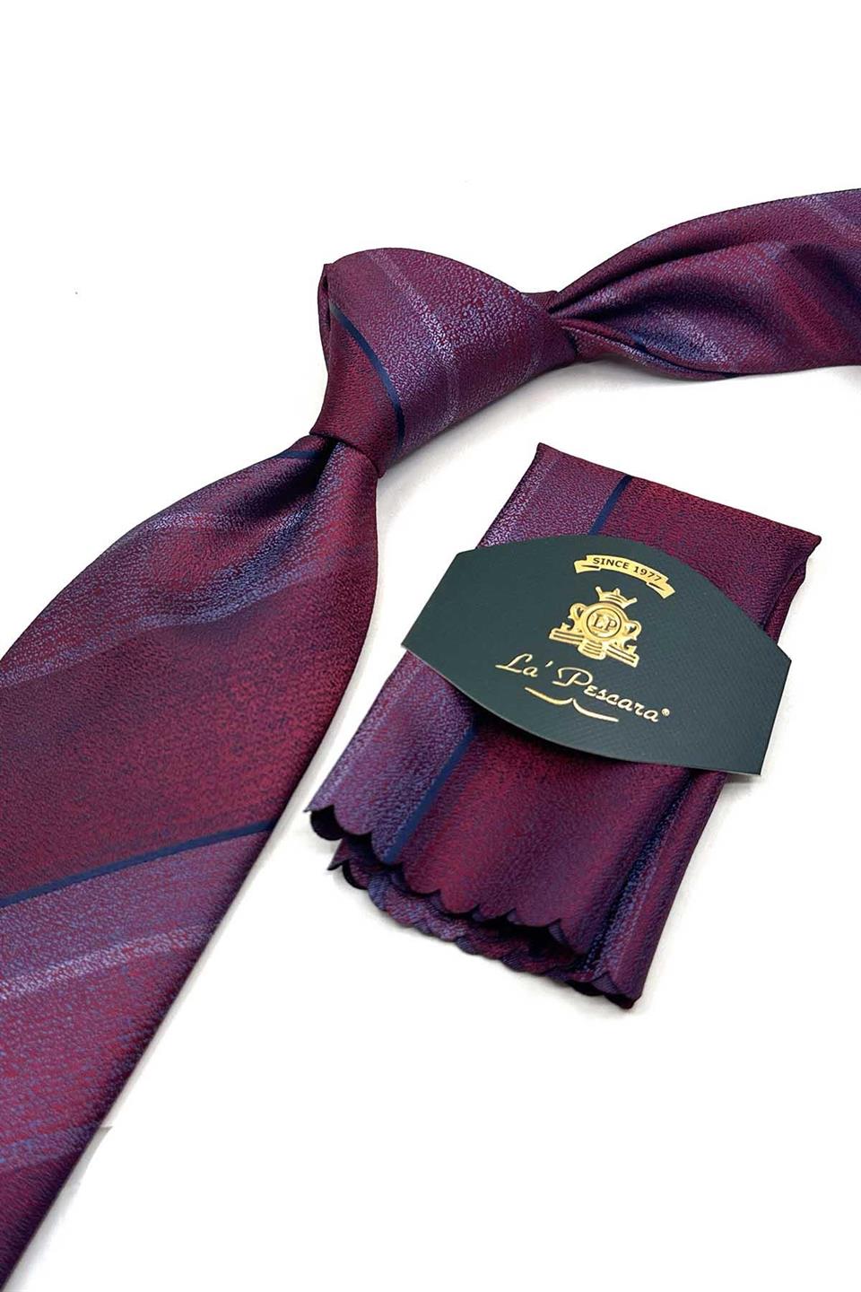Bordo - Mavi Çizgi Desen Mendilli Klasik Kravat KK13668