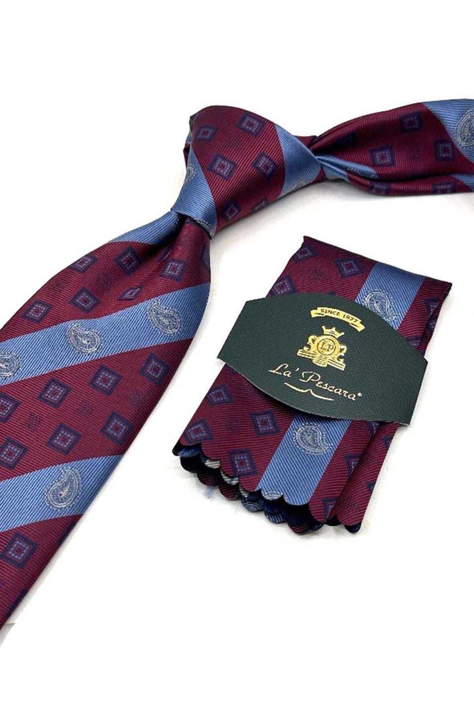 Bordo - Mavi Çizgi Desen Mendilli Klasik Kravat KK13693