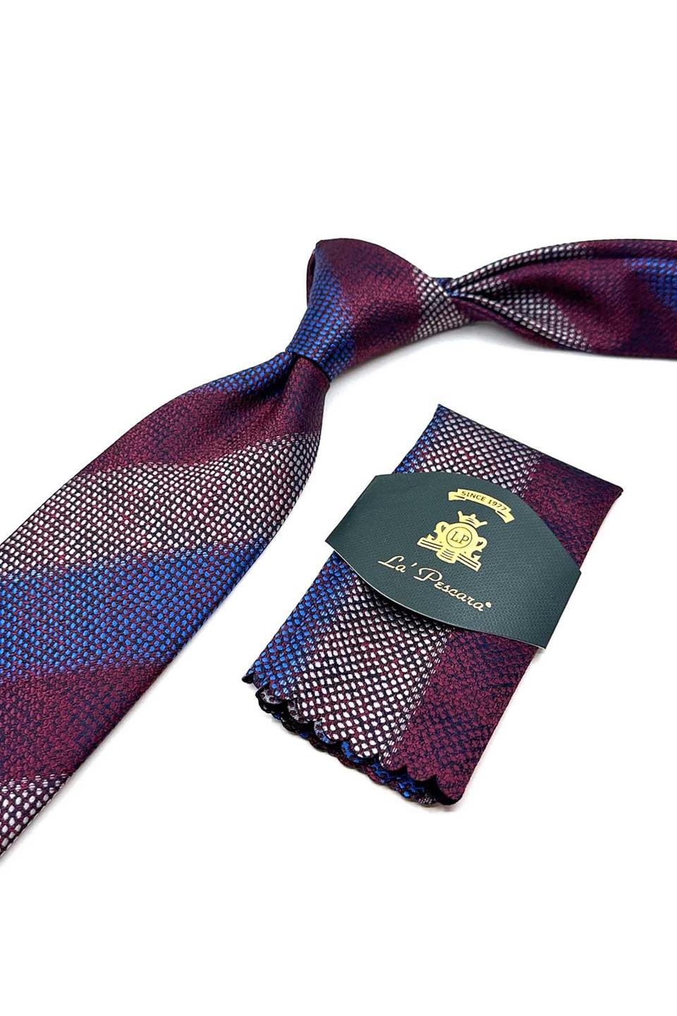 Bordo - Mavi Çizgi Desen Mendilli Klasik Kravat KK13068