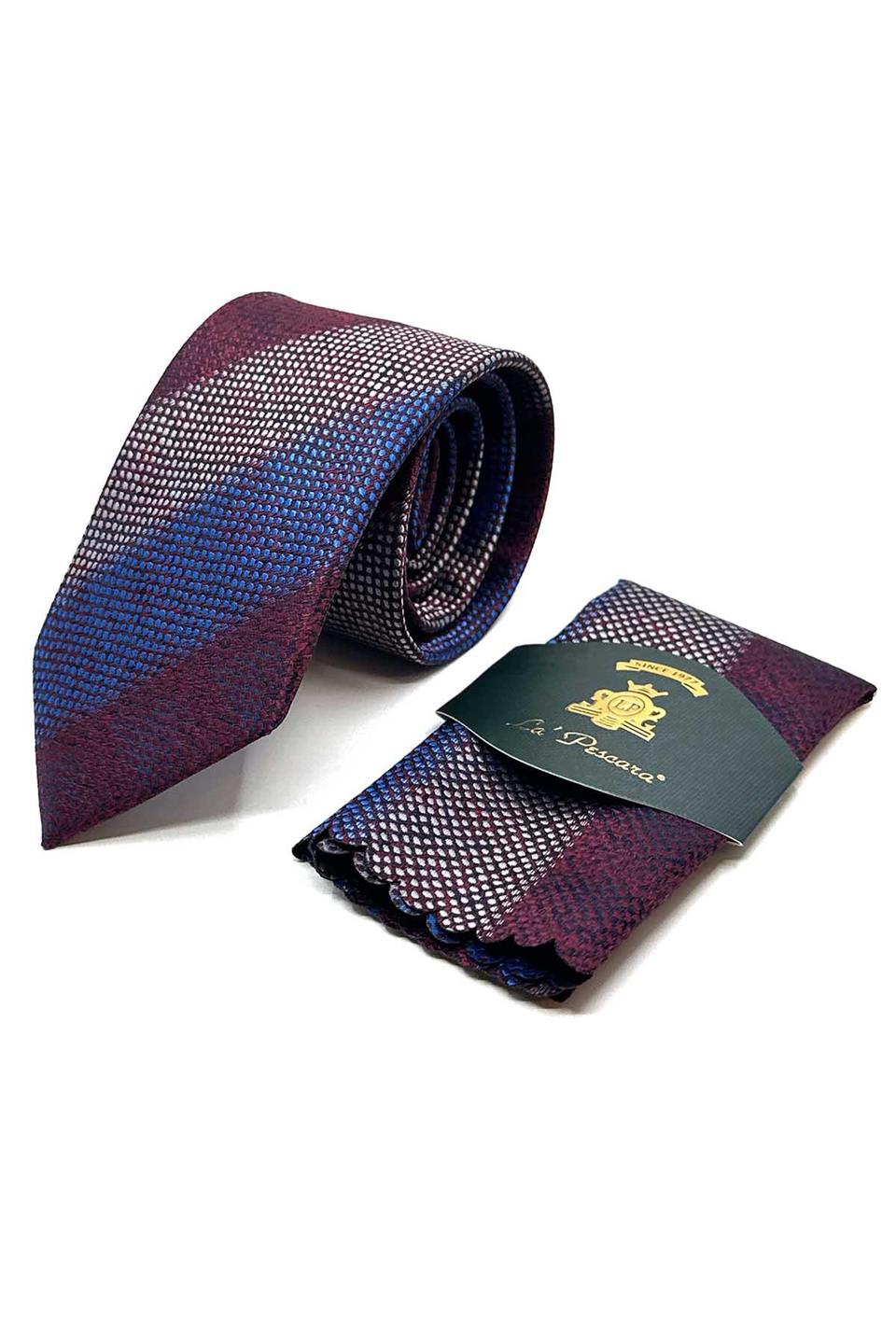 Bordo - Mavi Çizgi Desen Mendilli Klasik Kravat KK13068