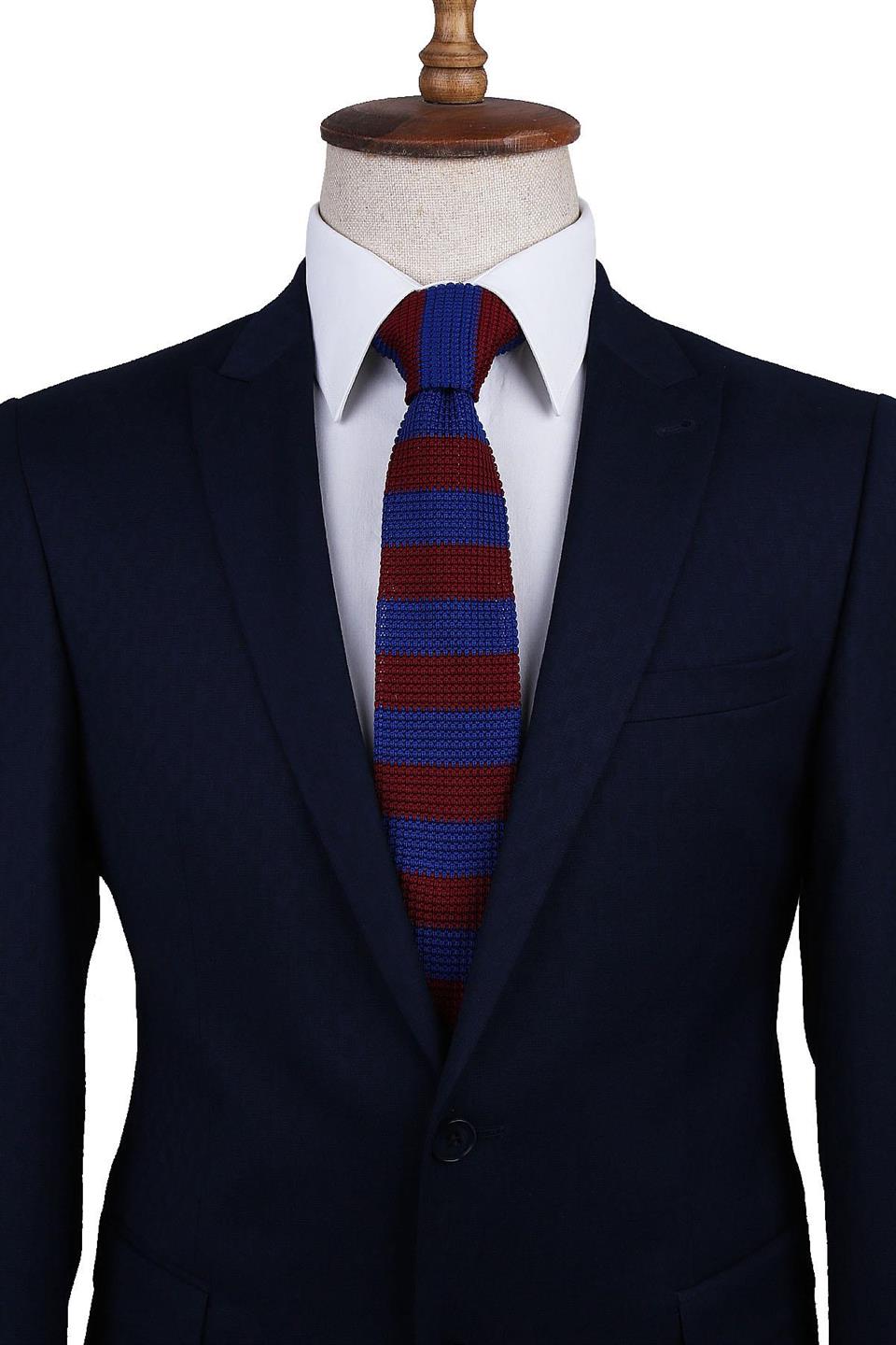 Bordo - Mavi Çizgi Desen Örgü Kravat ÖR8294