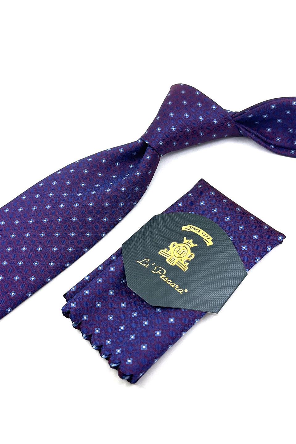 Bordo - Mavi Küçük Desen Mendilli Klasik Kravat KK11861