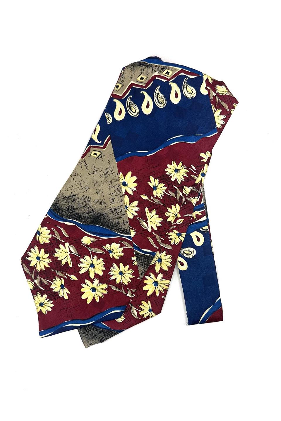 Bordo - Mavi Motif Desen Erkek Ascot Fular K647