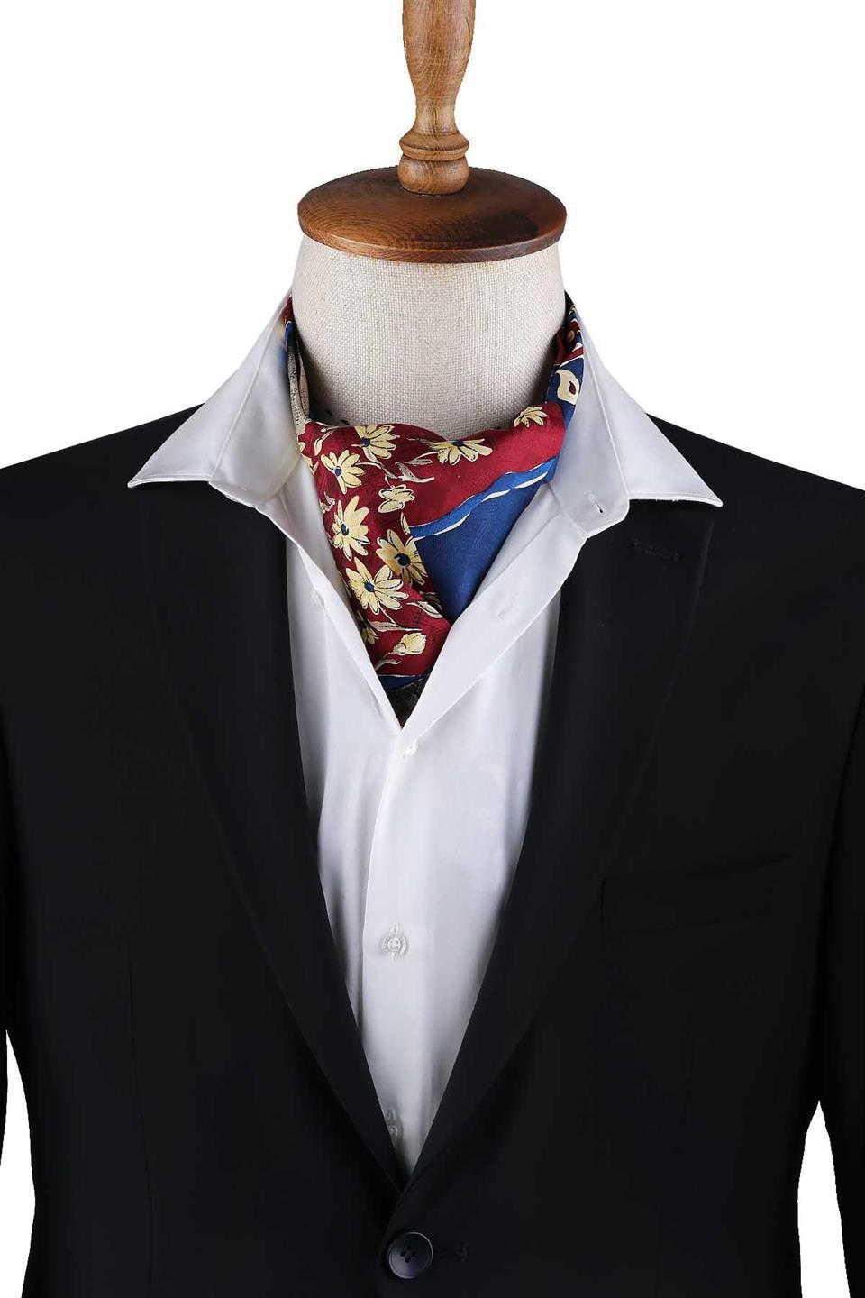 Bordo - Mavi Motif Desen Erkek Ascot Fular K647