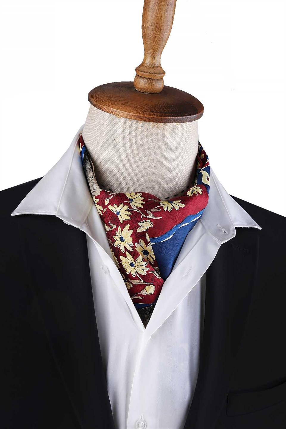 Bordo - Mavi Motif Desen Erkek Ascot Fular K647