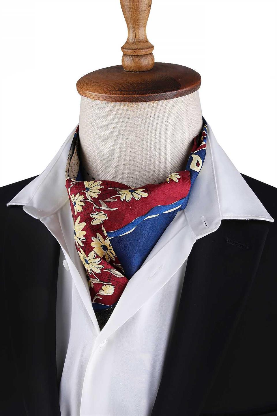 Bordo - Mavi Motif Desen Erkek Ascot Fular K647