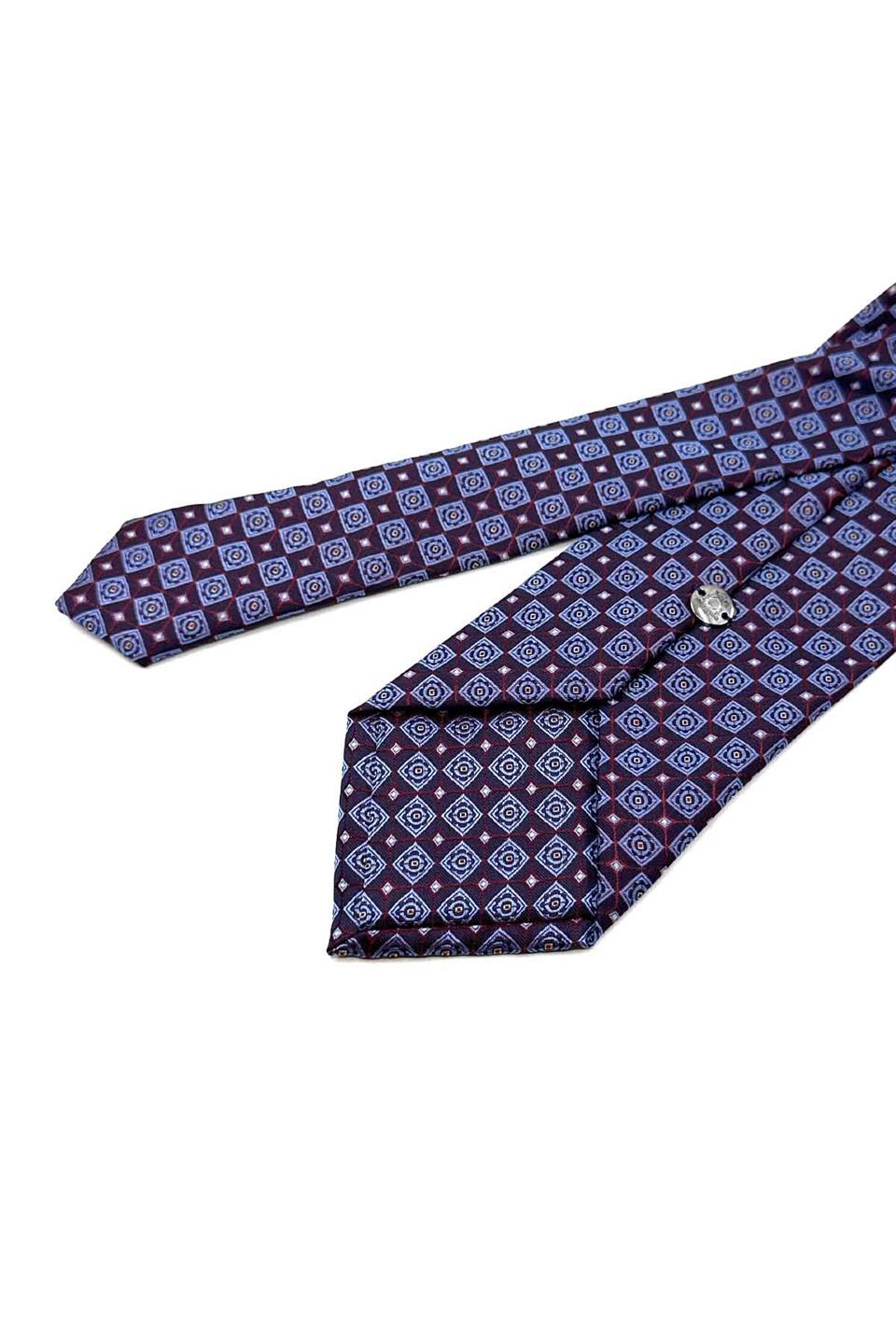 Bordo - Mavi Motif Desen Mendilli Klasik Kravat KK12605
