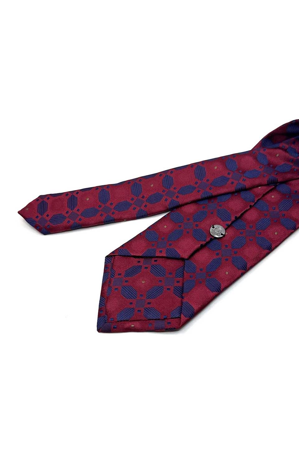 Bordo - Mavi Motif Desen Mendilli Klasik Kravat KK13603