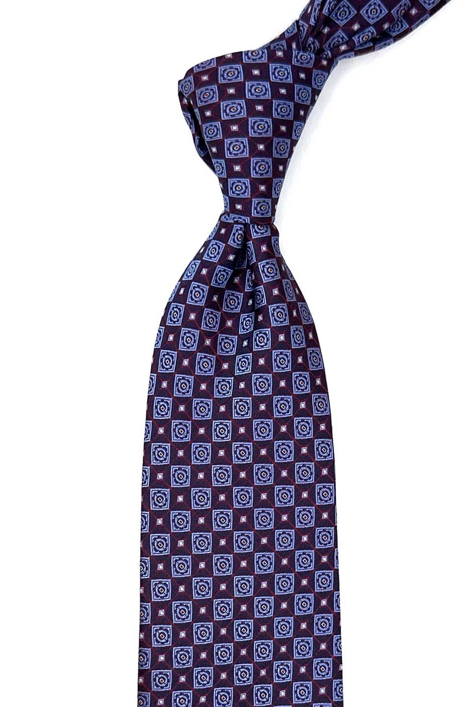 Bordo - Mavi Motif Desen Mendilli Klasik Kravat KK12605