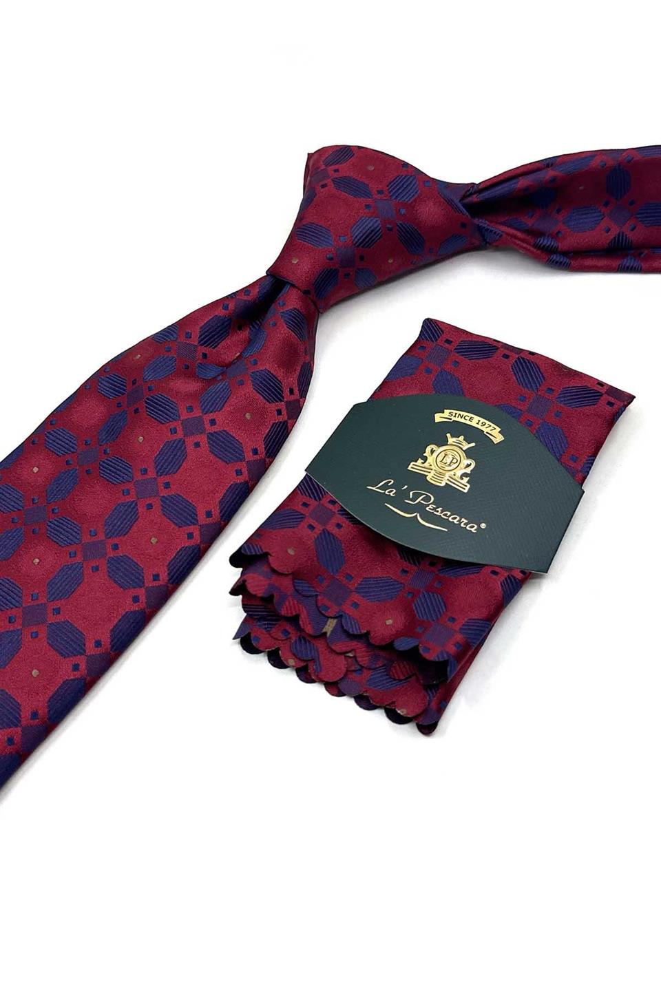 Bordo - Mavi Motif Desen Mendilli Klasik Kravat KK13603