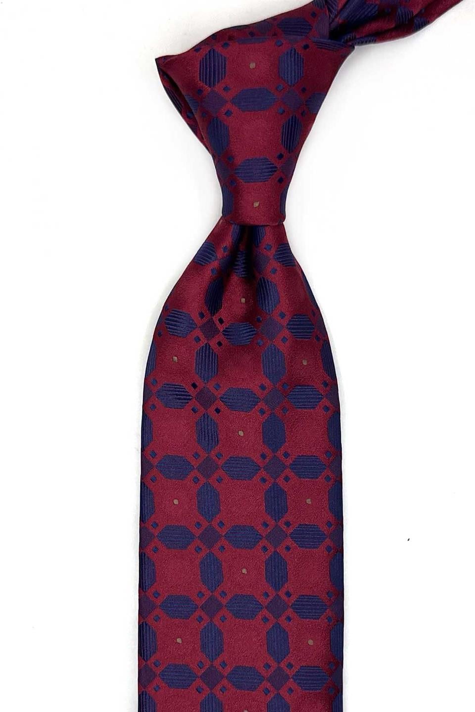 Bordo - Mavi Motif Desen Mendilli Klasik Kravat KK13603