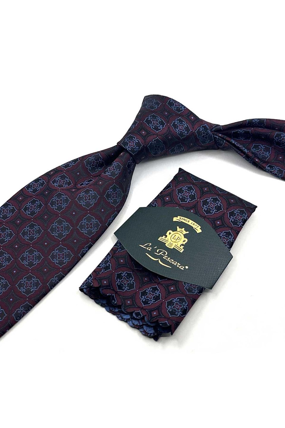 Bordo Mavi Motif Desen Mendilli Klasik Kravat KK13765