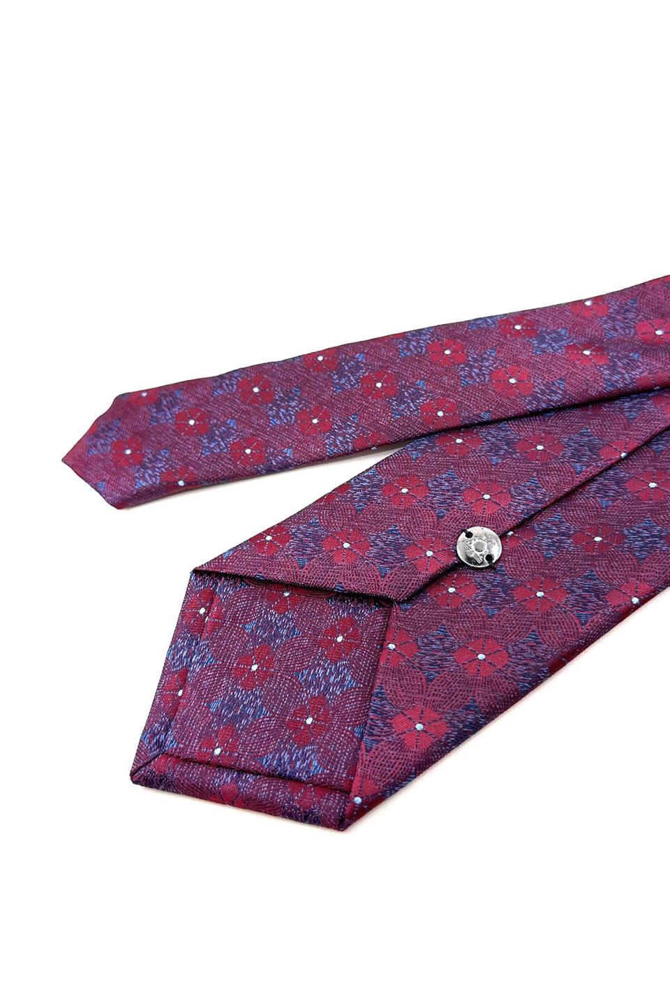 Bordo - Mavi Motif Desen Mendilli Klasik Kravat KK11186