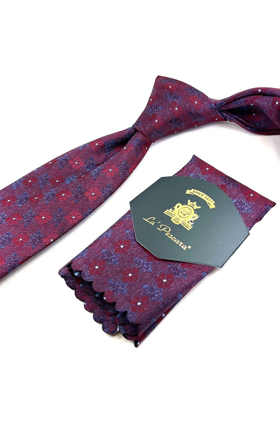 Bordo - Mavi Motif Desen Mendilli Klasik Kravat KK11186