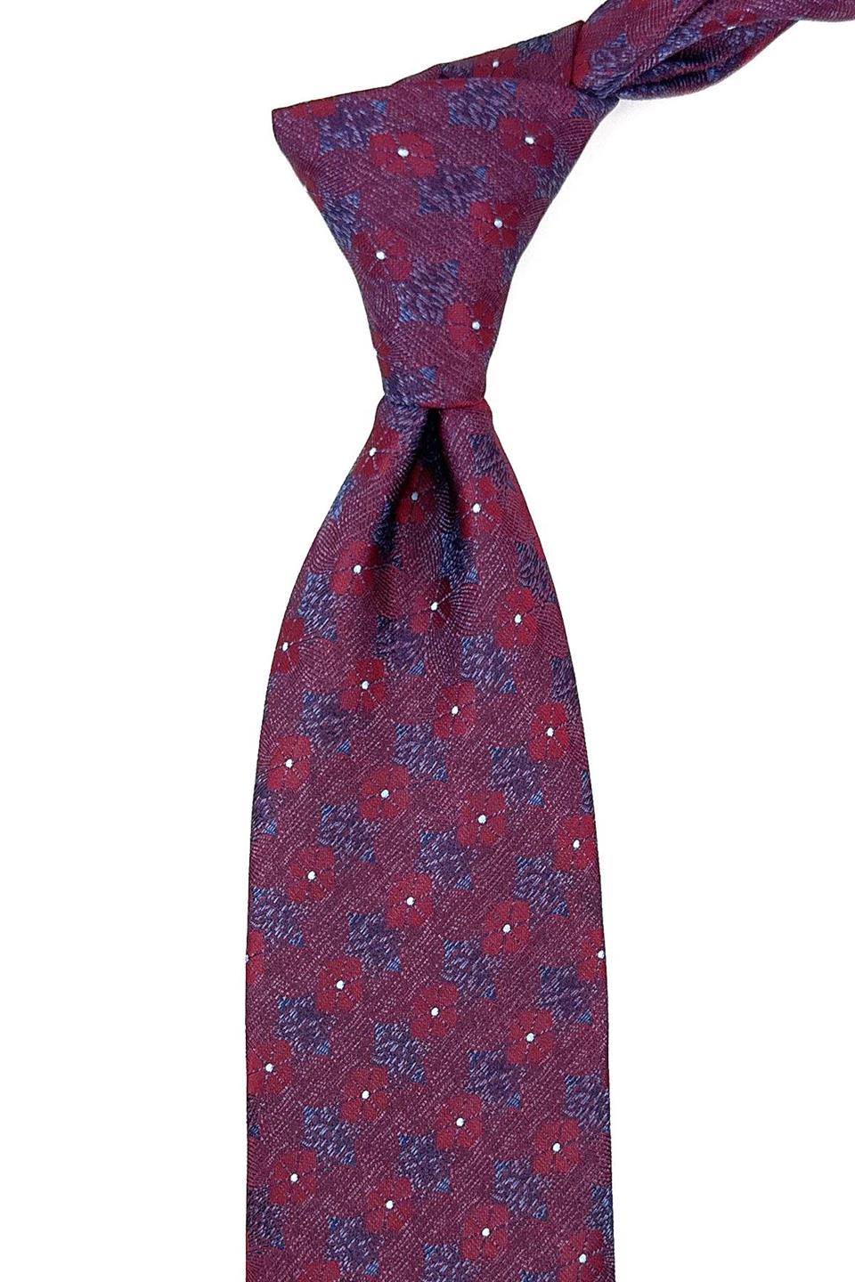 Bordo - Mavi Motif Desen Mendilli Klasik Kravat KK11186