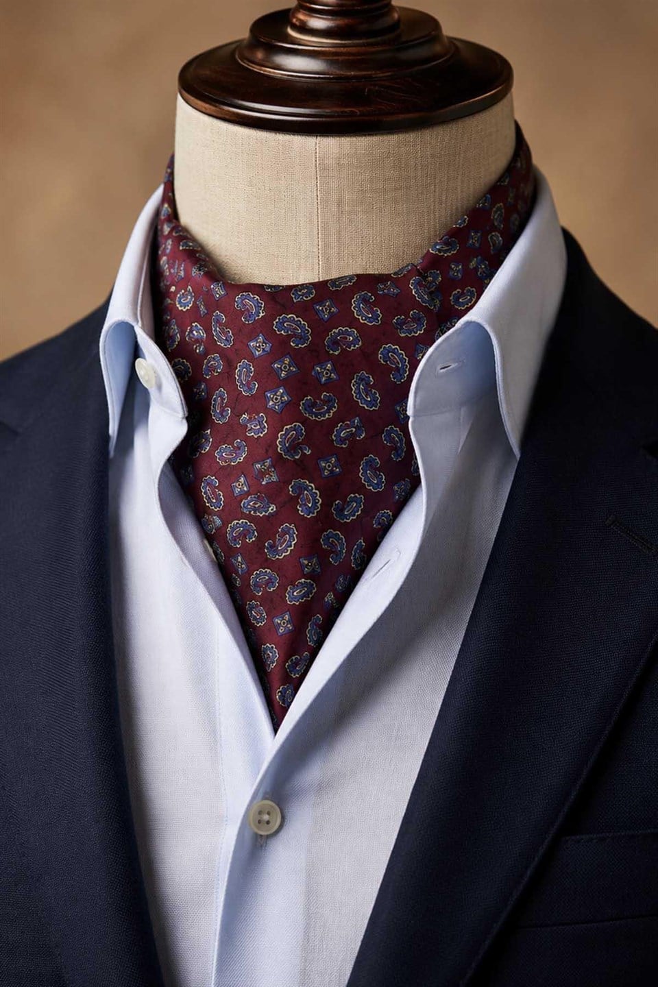 Bordo Mavi Şal Desen İtalyan İpek Ascot Kravat SAC116