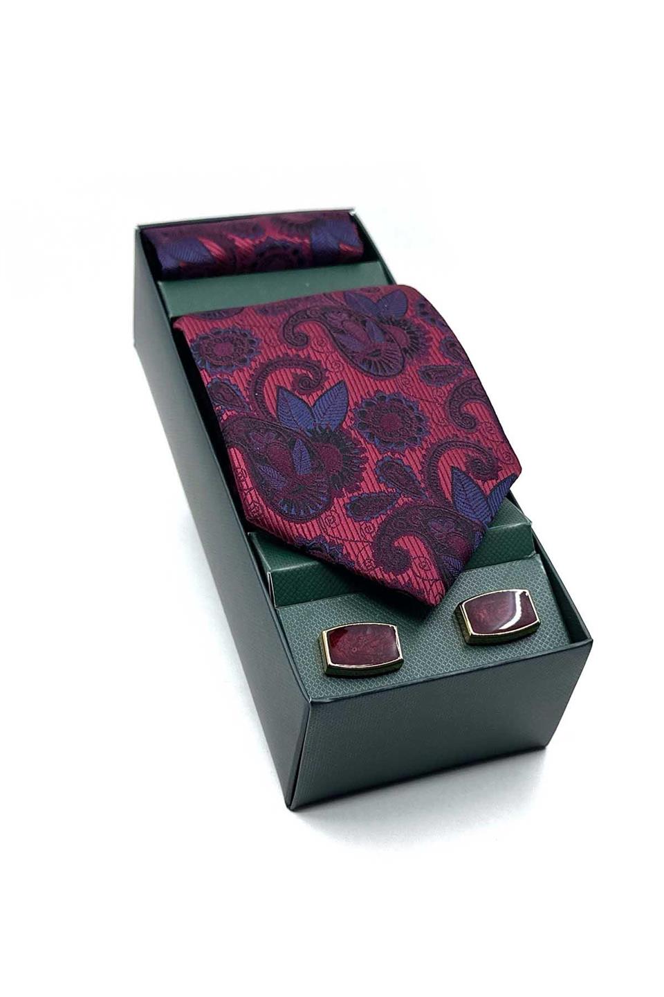 Bordo Mendilli Kravat Bordo Kol Düğmesi Hediye Seti OS564