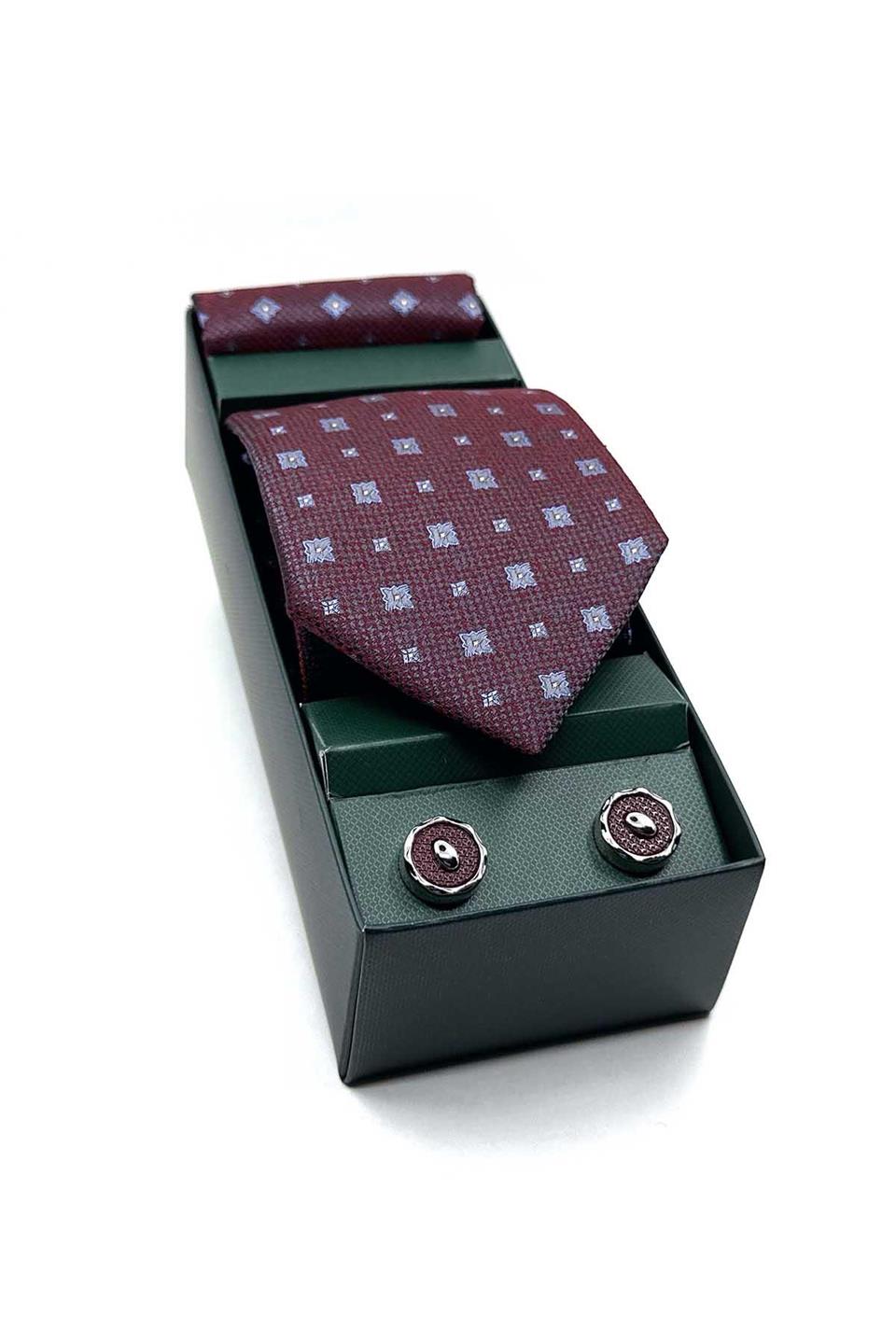 Bordo Mendilli Kravat Bordo Kol Düğmesi Hediye Seti OS570