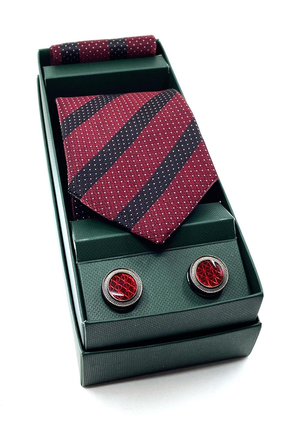Bordo Mendilli Kravat Taşlı Kol Düğmesi Hediye Seti OS421