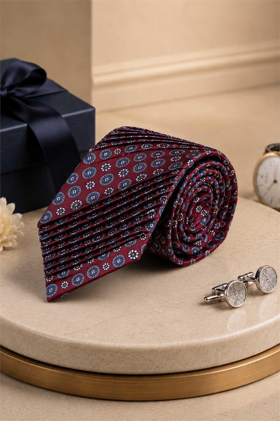 Bordo Motif Desen İtalyan İpek Piliseli Kravat EST238