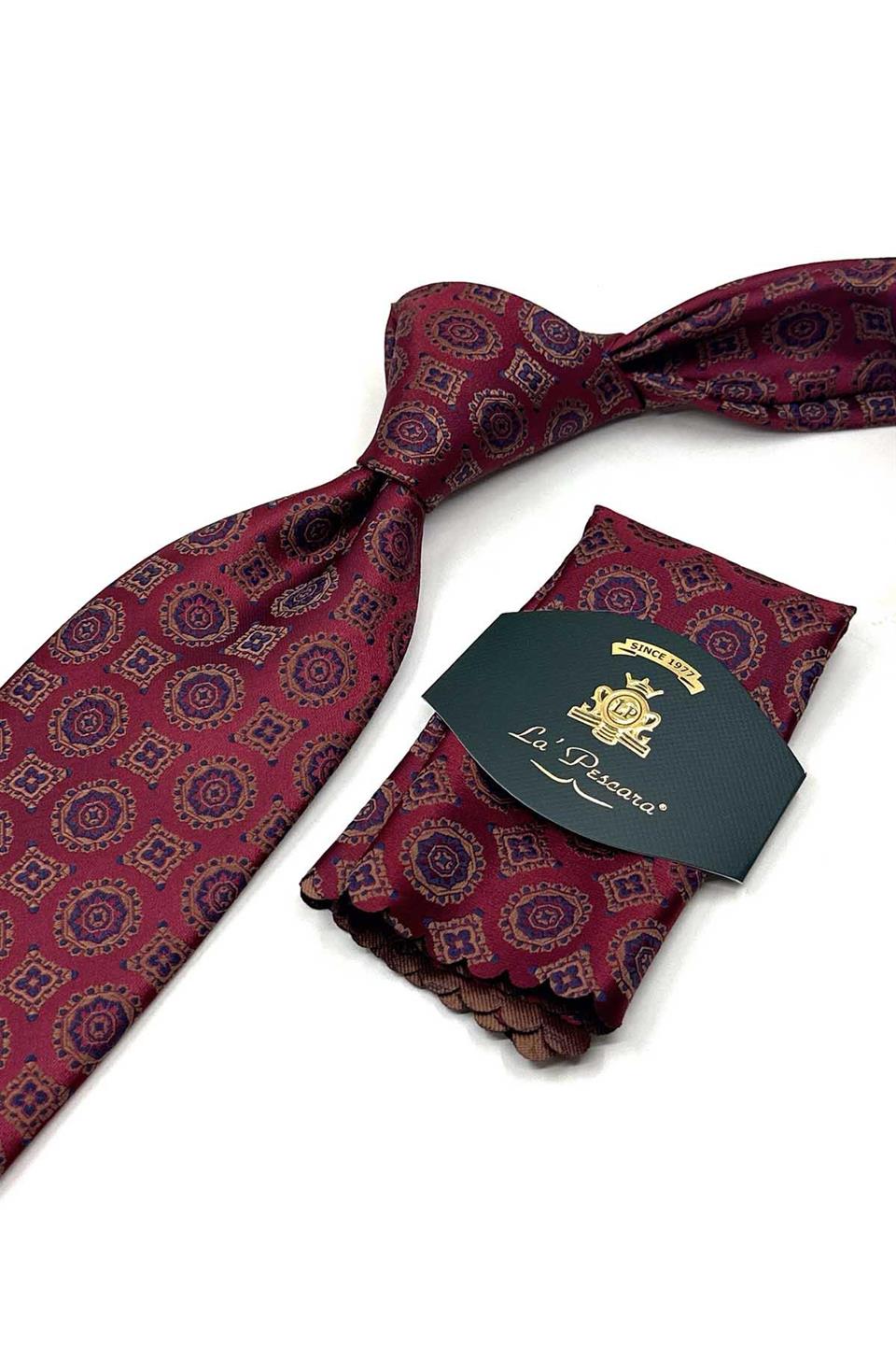 Bordo Motif Desen Mendilli Klasik Kravat K13580