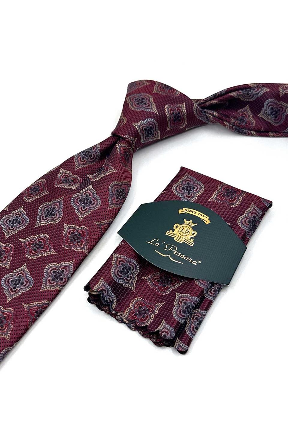 Bordo Motif Desen Mendilli Klasik Kravat K13609