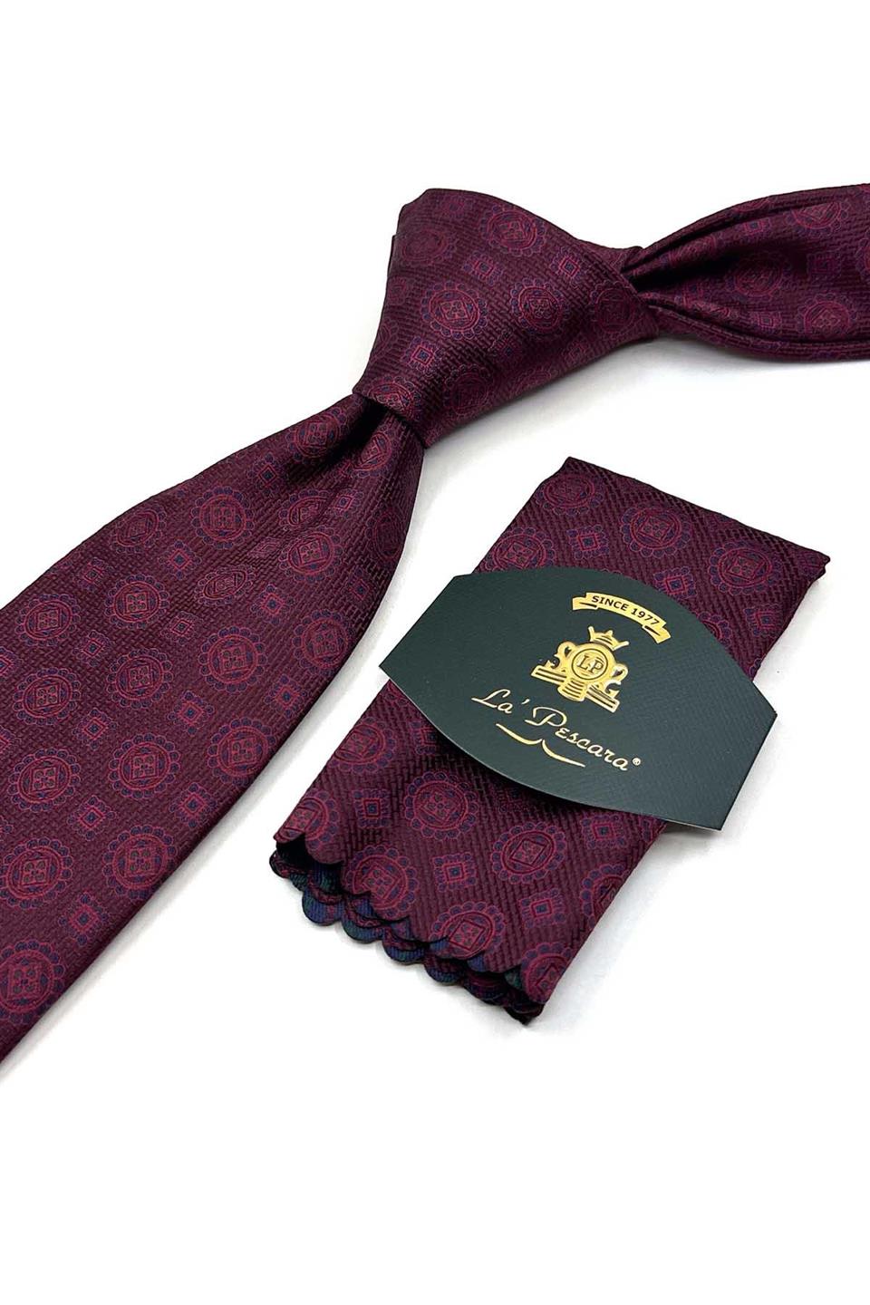 Bordo Motif Desen Mendilli Klasik Kravat K13532