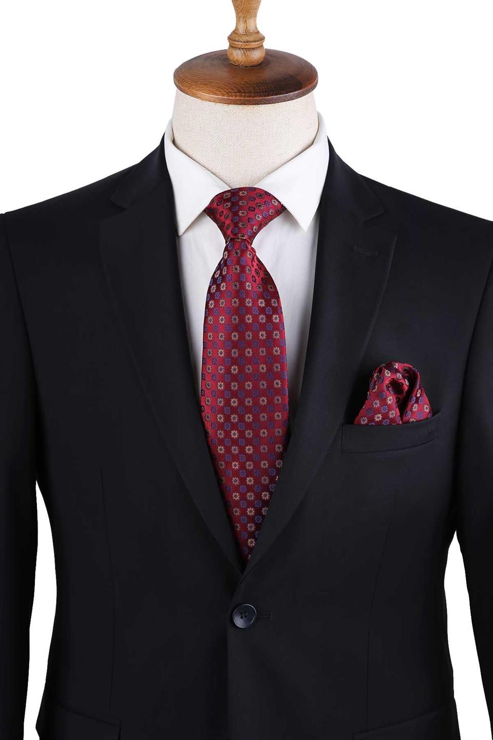 Bordo Motif Desen Mendilli Klasik Kravat KK13184