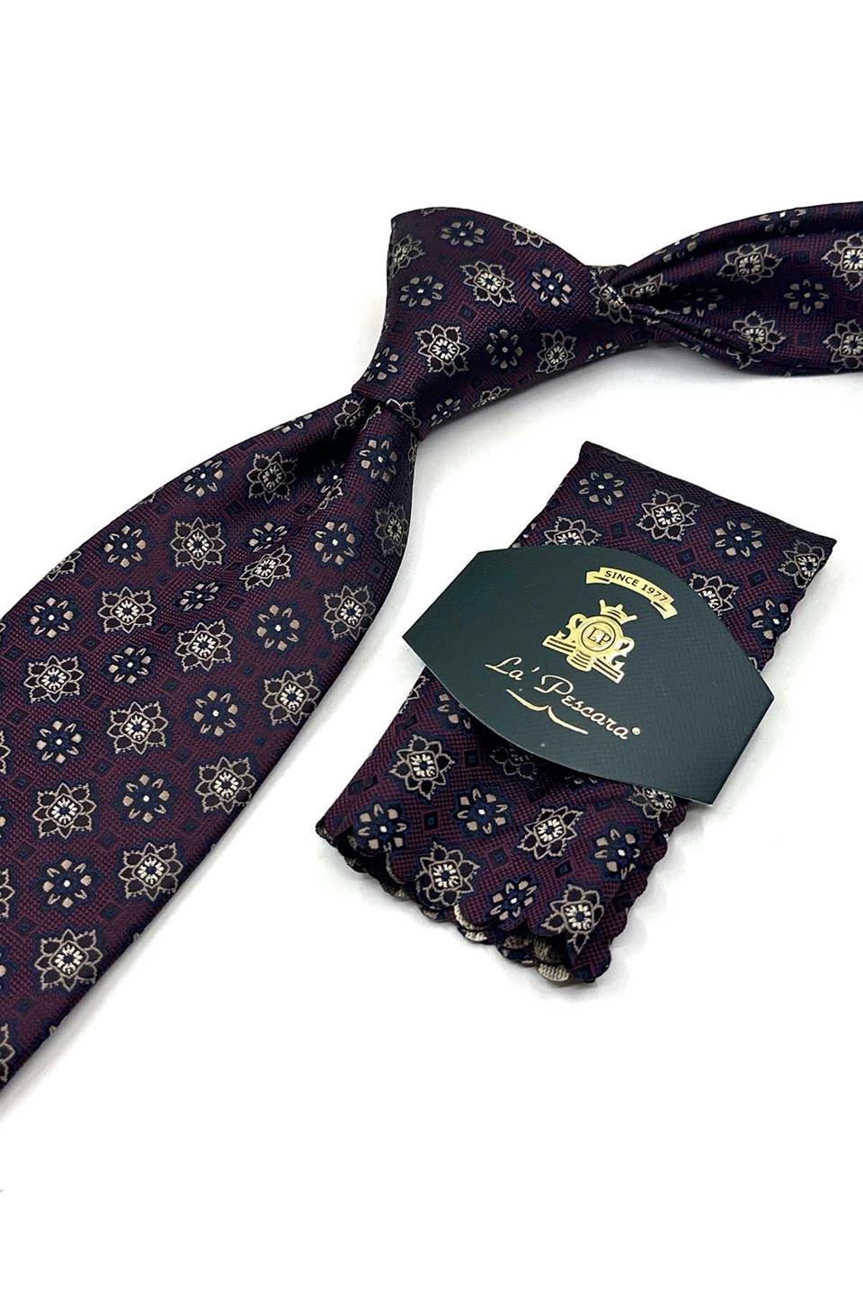 Bordo Motif Desen Mendilli Klasik Kravat K13563