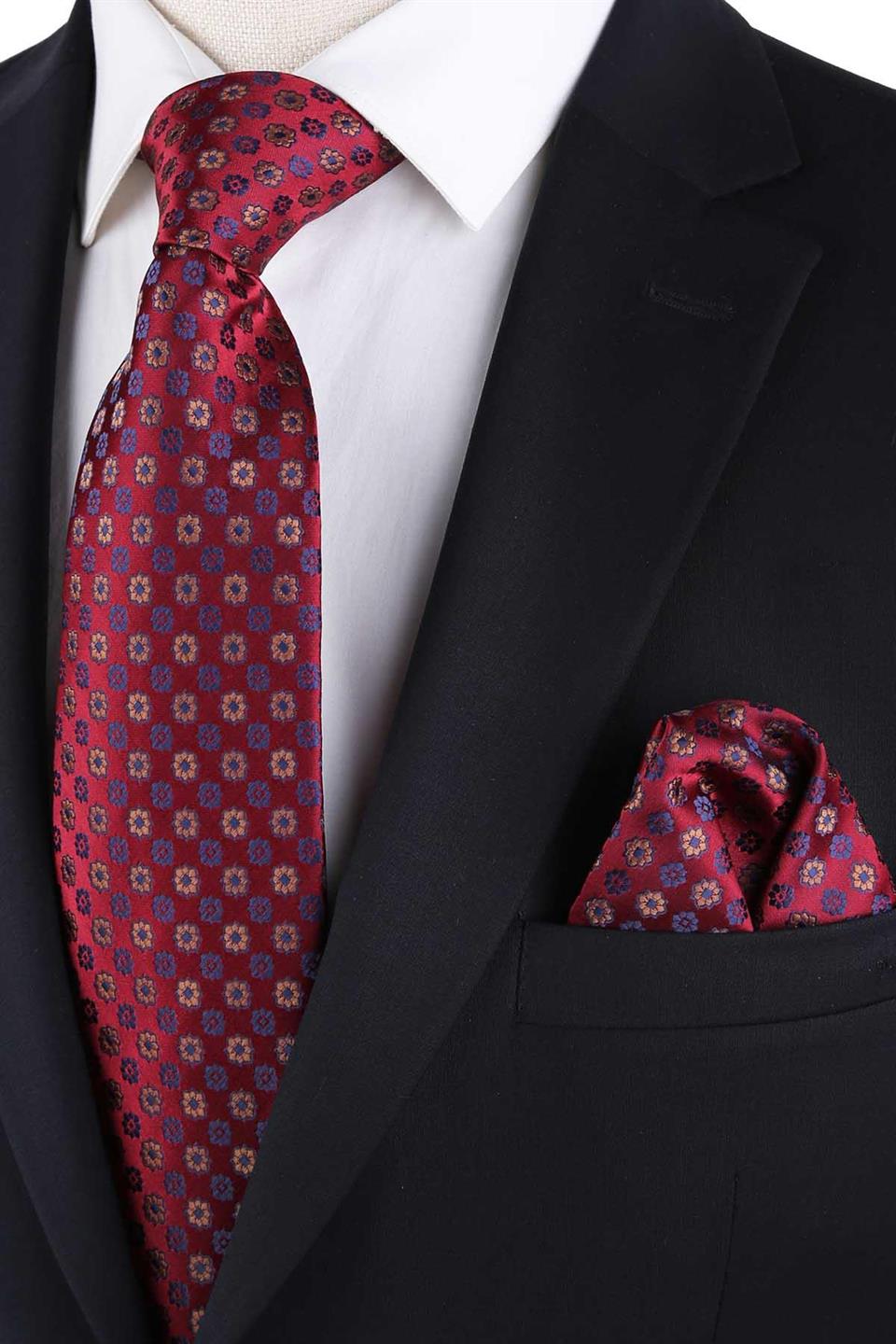 Bordo Motif Desen Mendilli Klasik Kravat KK13184