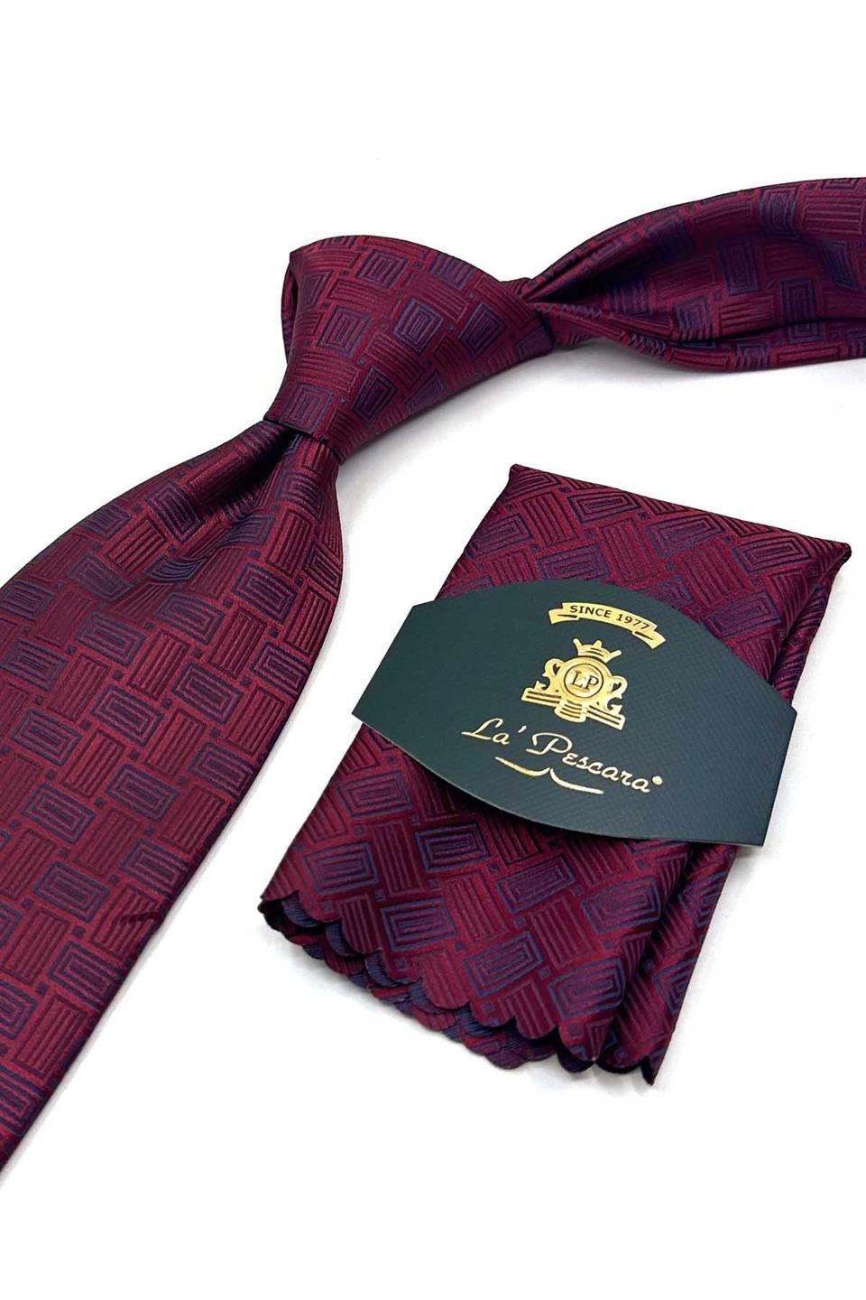 Bordo Motif Desen Mendilli Klasik Kravat K13642