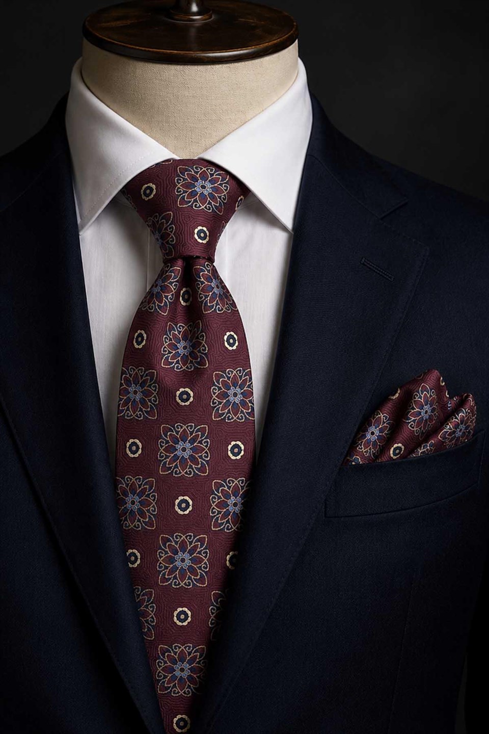 Bordo Motif Desen Mendilli Klasik Kravat KK13739