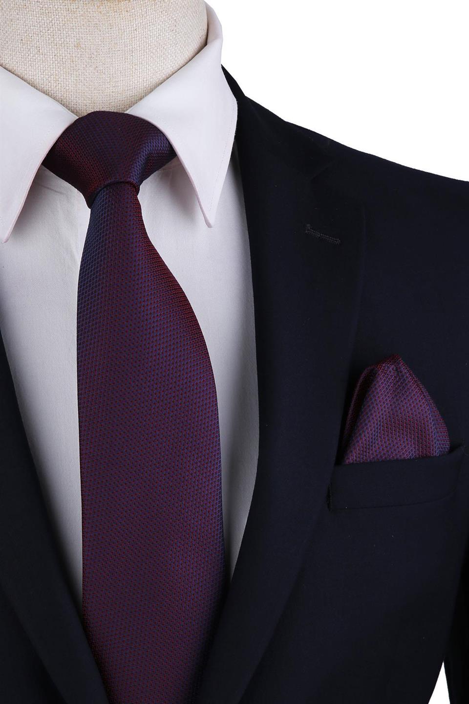 Bordo Nokta Desen Mendilli Klasik Kravat KK10362