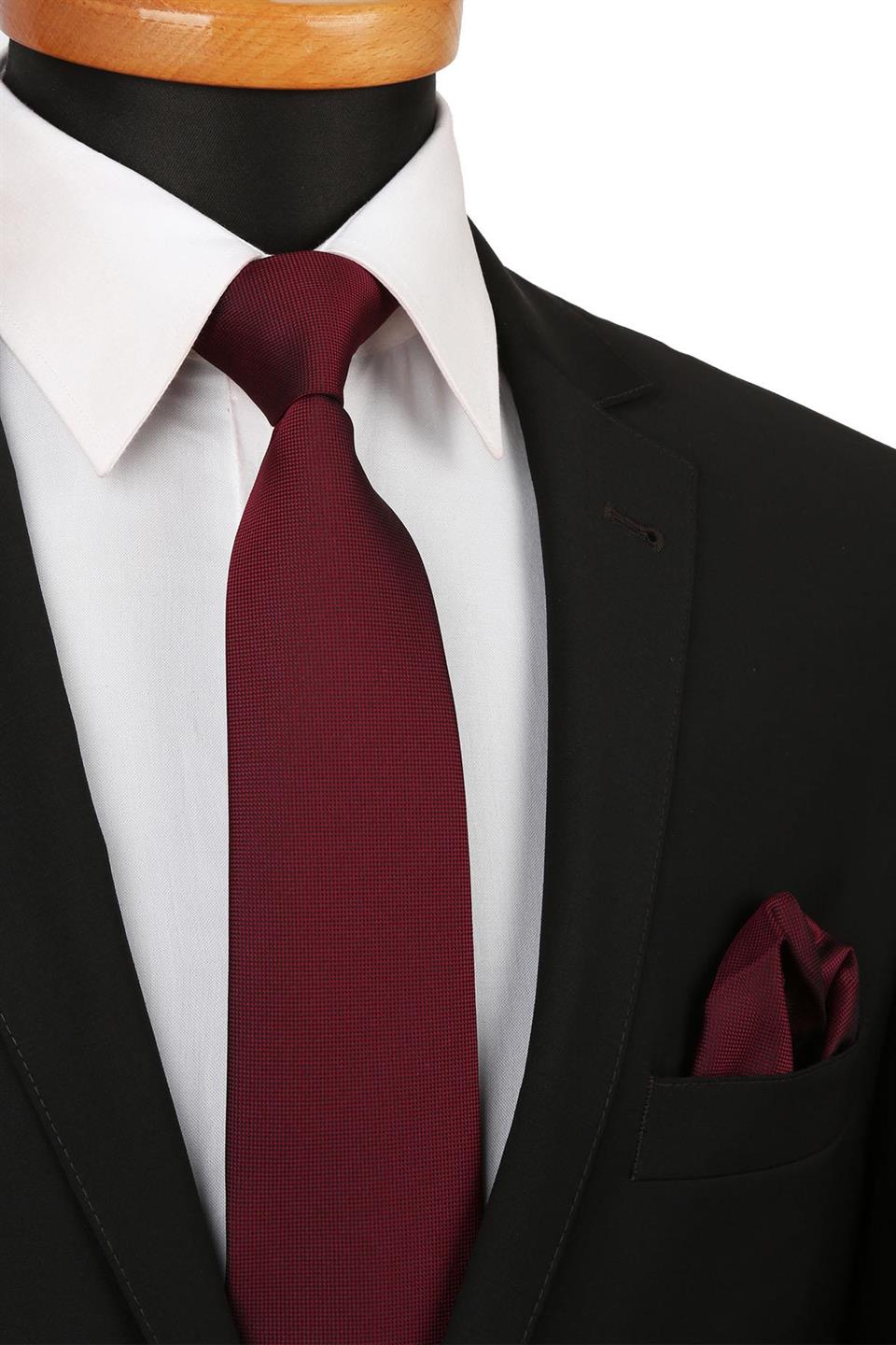 Bordo Nokta Desen Mendilli Klasik Kravat KK4151