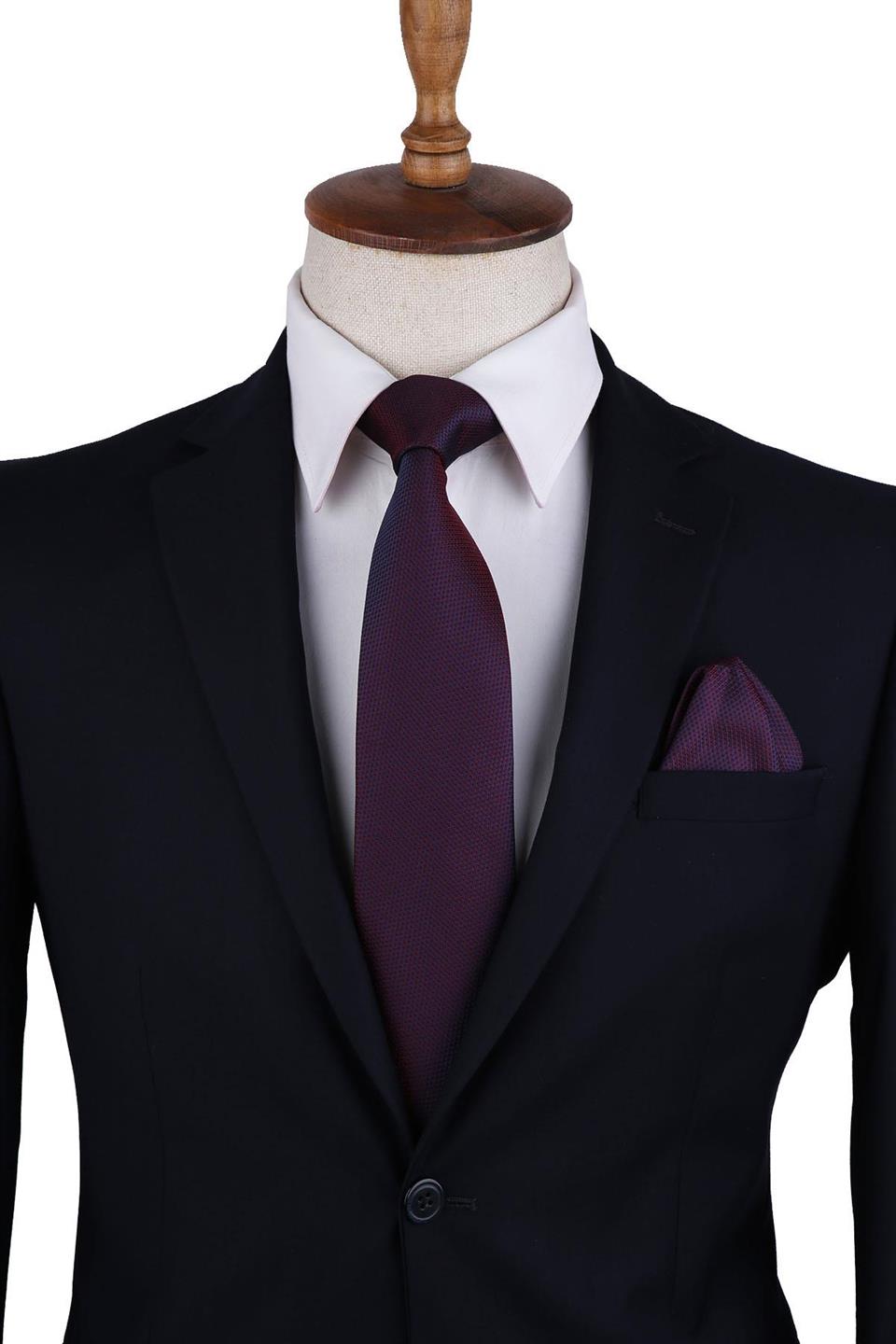 Bordo Nokta Desen Mendilli Klasik Kravat KK10362