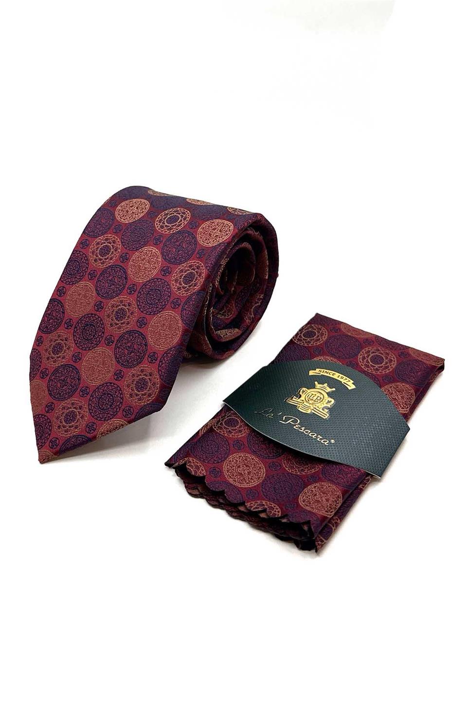 Bordo Puantiye Desen Mendilli Klasik Kravat KK12995