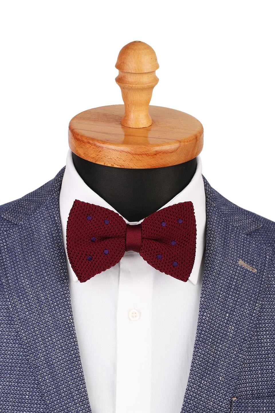 Bordo Puantiye Desen Örgü Papyon ÖR129